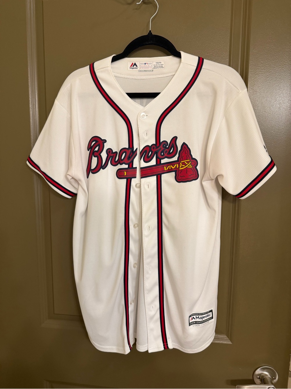 White Braves Button-Front Kids Jersey with Red and Navy Trim